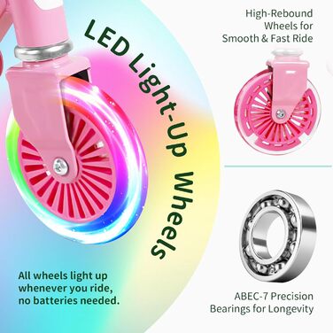 Белеїв V2 Роликовий Самокат для Дітей 6 років, з LED-підсвічуванням, Регульована Ручка та Платформа, Задній Гальма, Складаний Самокат для Дівчаток та Хлопчиків 3-12 років (Світло-рожевий)