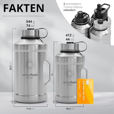 Спортивна пляшка з нержавіючої сталі ACTIVE FLASK 2,2 л з 3 кришками та трубочкою, BPA-free, герметична, підходить для газованої води, XL фляга для спорту, фітнесу, аутдору