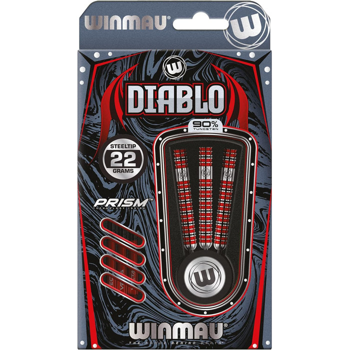 Дротики для дартсу WINMAU Diablo 22 г, сталевий наконечник, вольфрам, з крилами та стрижнями, професійні, паралельний корпус