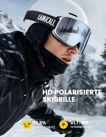 Ламікалл Скі-маска для жінок та чоловіків, сноуборд маска OTG - антизапітніння, дзеркальна, для носіння з окулярами, захист від ультрафіолету UV400, захист від відблисків, білий/срібний каркас (VLT: 8%)