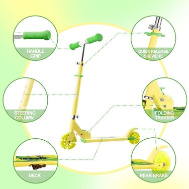 MEE GOO Роликовий самокат для дітей з алюмінію, складний, 3 регульовані висоти, LED колеса, жовтий