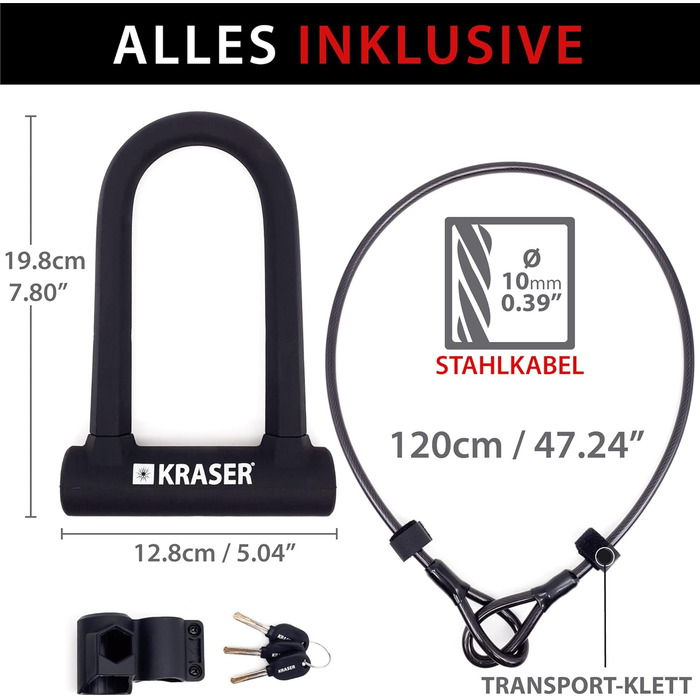 Замок для велосипеда KRASER KR65145B: U-lock + сталевий трос 120см + кріплення. Висока безпека