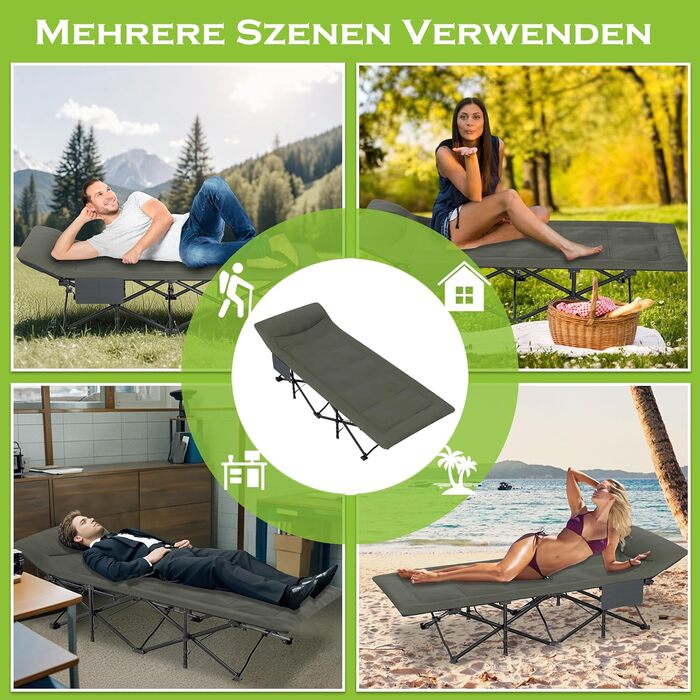 Розкладне ліжко для кемпінгу FIVMEN 185x75 см з матрацом, подушкою та кишенею, до 250 кг, для відпочинку на природі, риболовлі та гостей