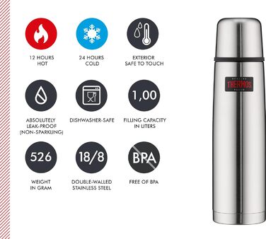 Термос Thermos Light & Compact 1 л, нержавіюча сталь, ізольована пляшка з чашкою, червоний, тримає тепло 12 годин / холод 24 години, герметичний, без BPA, підходить для миття в посудомийці