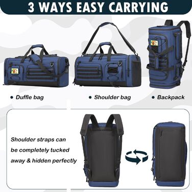 Спортивна сумка 50L для чоловіків 3-в-1 з відділенням для мокрого одягу та взуття, рюкзак, дорожня сумка, валіза ручної поклажі, для тренувань, спортзалу, плавання, подорожей (Блакитна)
