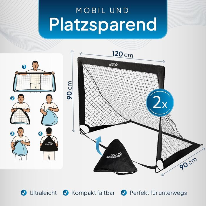 ArtSport Ворота для футболу Pop-up Goal Master - комплект 2 шт. з аксесуарами - складані та готові до гри - 2 футболні ворота для залу та саду - для дітей, чорні
