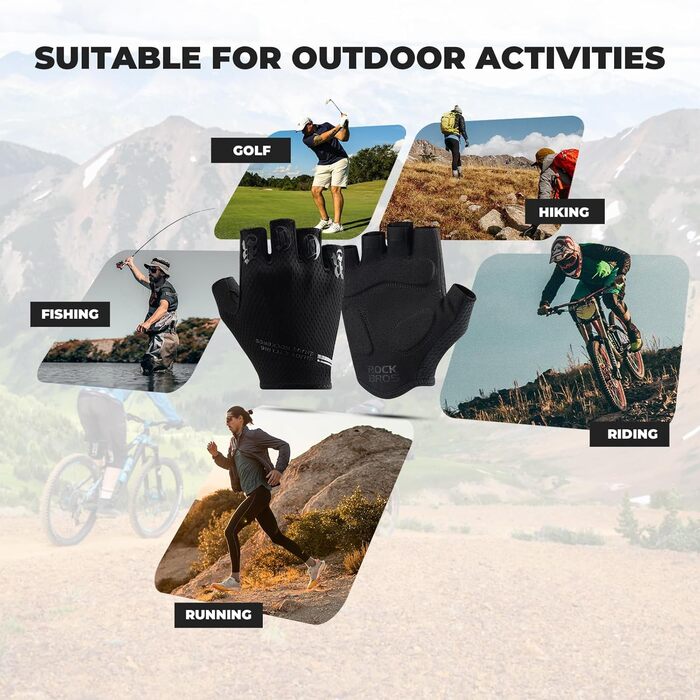 Велосипедні рукавички ROCKBROS для чоловіків, напівпальцеві, з антиковзким покриттям та амортизацією, для гірського та шосейного велосипедів, зелені (XXL, чорні)