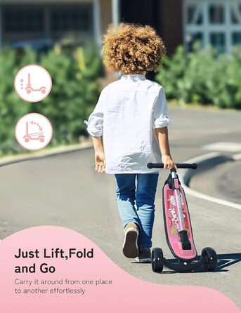 Дитячий самокат Besrey з великими колесами, світлодіодними ліхтарями та регульованою висотою, для дітей 3-8 років (Рожевий, Єдиноріг)