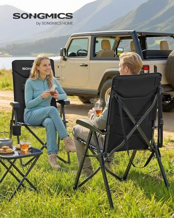 Складний туристичний стілець SONGMICS для відпочинку, риболовлі та кемпінгу, чорний, з регульованою спинкою 95°-150°