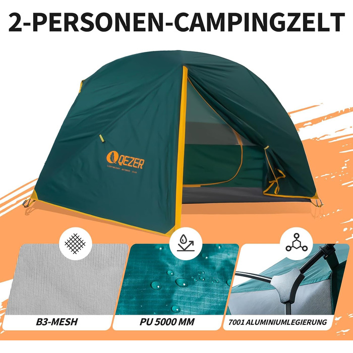 Намет кемпінговий купольний 2-місний Campingzelt водонепроникний, вітрозахисний, для походу, кемпінгу та активного відпочинку, 1.85/2.3 кг, зелений