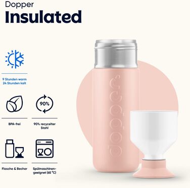 Індивідуальна термобутилка Dopper Insulated з нержавіючої сталі 580 мл — термочашка для кави та чаю, подвійні стінки, не протікає, зберігає холод 24 год, тепло 9 год (Pebble Peach)