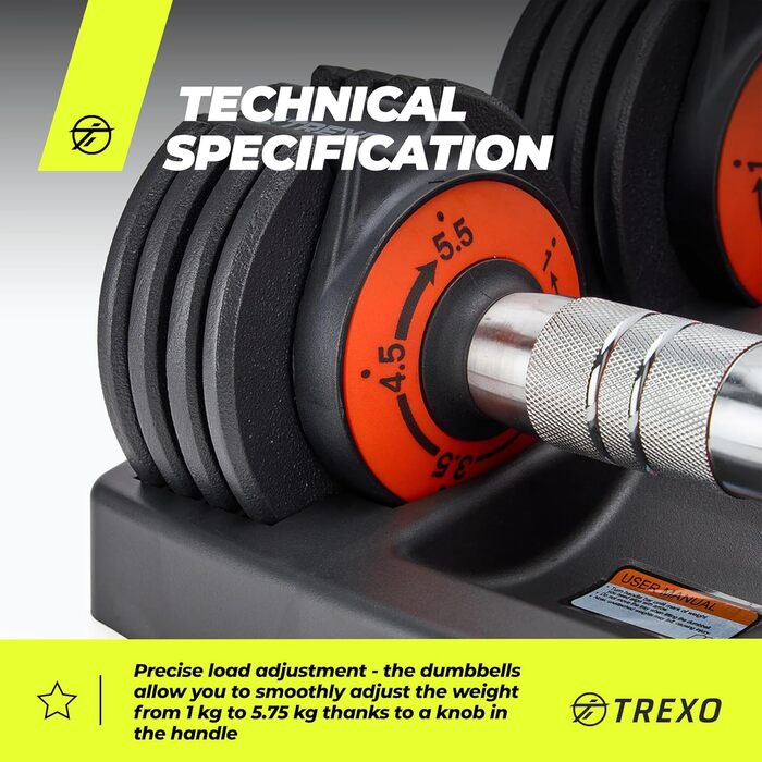 Набір гантелей TREXO регульований 2x5.75 кг зі сталі з неслизькими ручками. Ідеально для силових тренувань вдома та у фітнес-залі. Набір гантелей, короткі гантелі зі стійким підставою