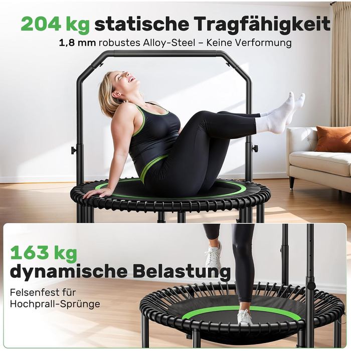 Міні-батут BCAN для дорослих, 102/122 см, до 204/250 кг, з бунжеєвими тросами, регульованою ручкою, стабільний, тихий, для дому та вулиці, тренування всього тіла, релаксація