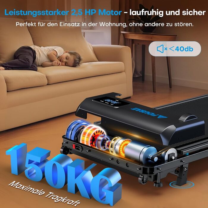 Walking Pad - біговий доріжка для дому з регулюванням нахилу до 9%, потужність 2.5HP, LED-дисплей, пульт дистанційного керування, 12 програм, подвійне амортизація, до 150 кг, чорно-блакитний