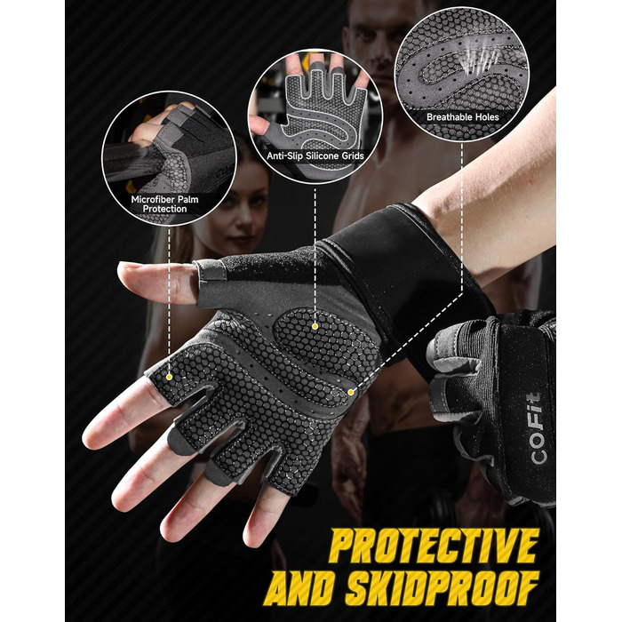 Рукавички для фітнесу COFIT: дихаючі, з підтримкою зап'ястя, для силових тренувань, бодібілдингу, жінок та чоловіків. Чорний колір, XL, з підтримкою зап'ястя