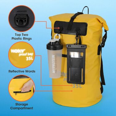 Водонепроникний рюкзак WELDUN 50L Rolltop Dry Bag з IPX8 чохлом для телефону, 35L, для каякінгу, кану, кемпінгу, трекінгу, хайкінгу, вітрильного спорту та інших водних видів спорту (Жовтий)