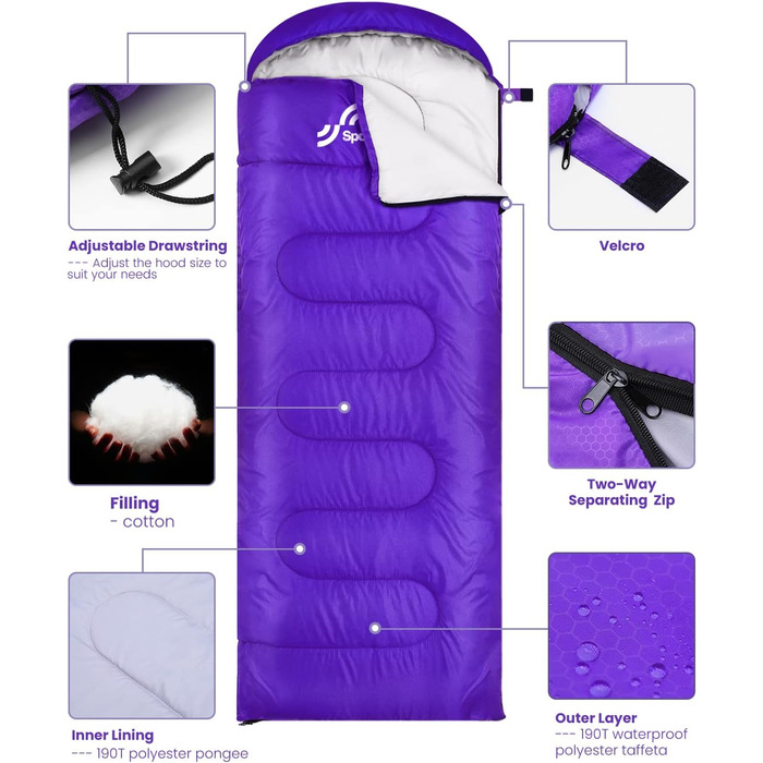 Спальний мішок Sportneer для дорослих та дітей - легкий, компактний, для кемпінгу, походу, рюкзака, 220x75 см, фіолетовий
