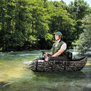 Надувне рибальське човен GYMAX: компактне belly boat з насосом, веслами та регульованими ременями. Міцне, до 150 кг, з лінійкою для риби, камуфляж.