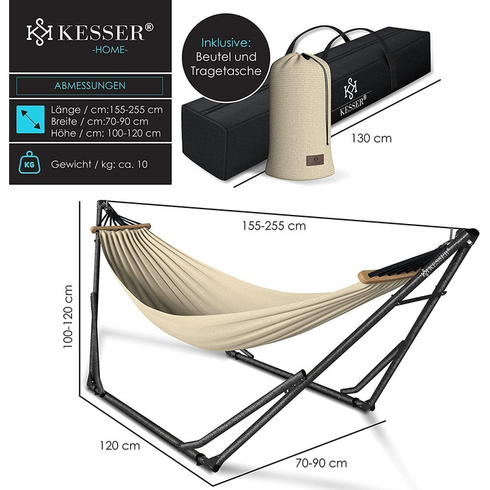 Гамак KESSER® з металевим каркасом: розкладний, регульований, стабільний. Для дому та вулиці (кемпінг, сад, басейн, балкон, тераса). У комплекті сумка. Колір: бежевий.
