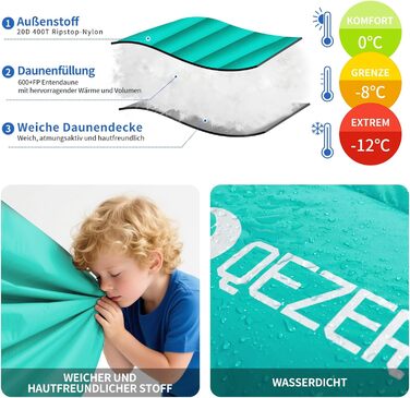 Спальний мішок пуховий теплий зимовий 0°C -23°C для дорослих та дітей, 4 сезони, кемпінг, відпочинок на природі, чорний, зелений