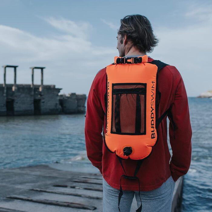 Буй для плавання Buddyswim 28 л з водонепроникною кишенею (Drybag), знімною спинкою, помаранчевий, легкий і міцний для відкритої води