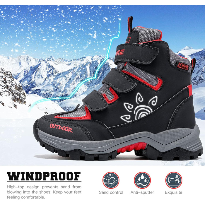 Дитячі зимові черевики ASHION: теплі, водонепроникні, для сноубордингу та трекінгу, розмір 32 EU, чорно-червоні