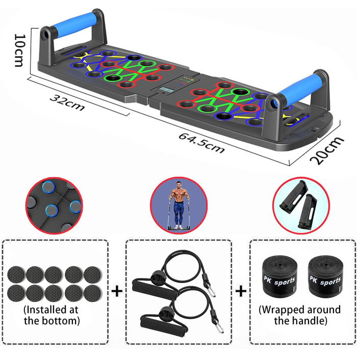 Дошка для віджимань з таймером та еластичним тросом - тренажер для пресу та грудей, чорний