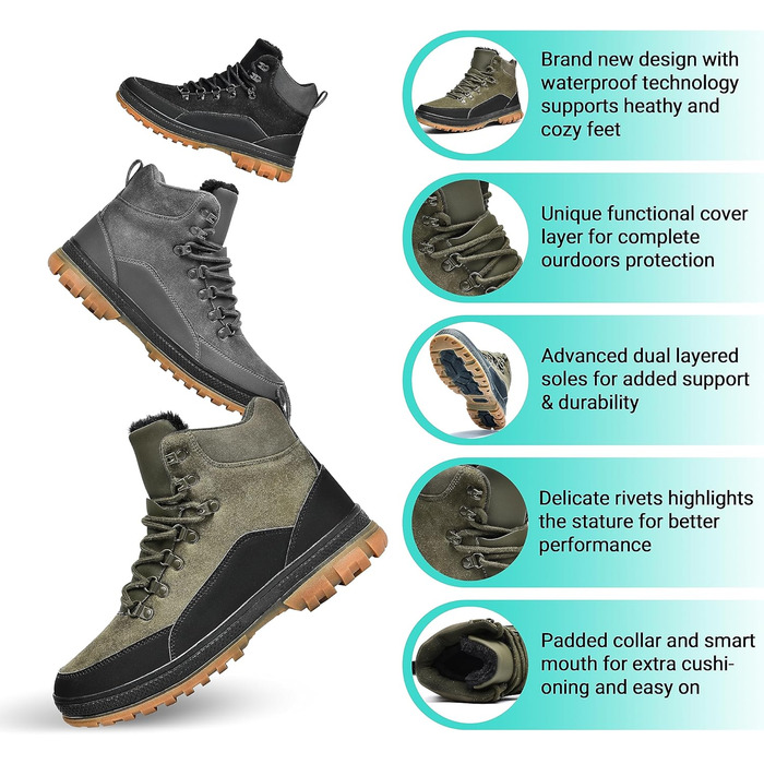 Чоловічі зимові черевики Wondamo: теплі, водонепроникні, з антиковзким покриттям, для активного відпочинку на природі, розмір 41 EU, зелені