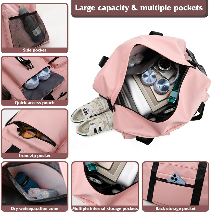 Спортивна сумка для жінок та чоловіків з відділенням для взуття та вологих речей, водонепроникна сумка-вікенд для тренувань, залу, плавання та сауни (рожева)