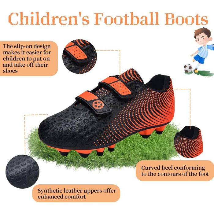 Дитячі футбольні бутси для хлопчиків та дівчаток, футбольні черевики з шипами для твердого поля, дитячі спортивні взуття для тренувань та занять на відкритому повітрі, дихаючі, антиковзкі, унісекс, розмір 28-37, 36 EU, чорний, оранжевий