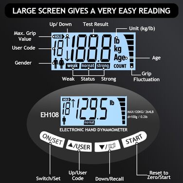 Електронний динамометр для вимірювання сили хвата, 120 кг, з USB-кабелем