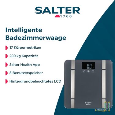 Ваги для ваги Salter SA00432FEU6 Bluetooth - ваги для тіла з пам'яттю на 8 користувачів, максимальна вантажопідйомність 200 кг, підключення до Salter Health App для моніторингу здоров'я та фітнесу (Сірий)