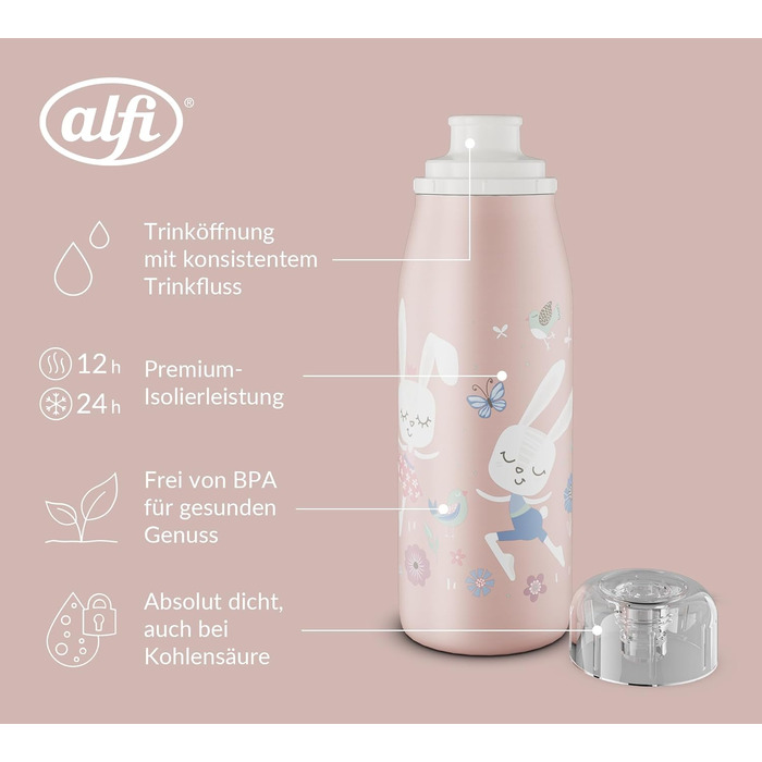 Дитяча термобутилка alfi KIDS ISO 350 мл, рожевий Балерина Зайчик, нержавіюча сталь, герметична, з кришкою, зберігає тепло 12 годин, холод 24 години, підходить для газованих напоїв, BPA-free