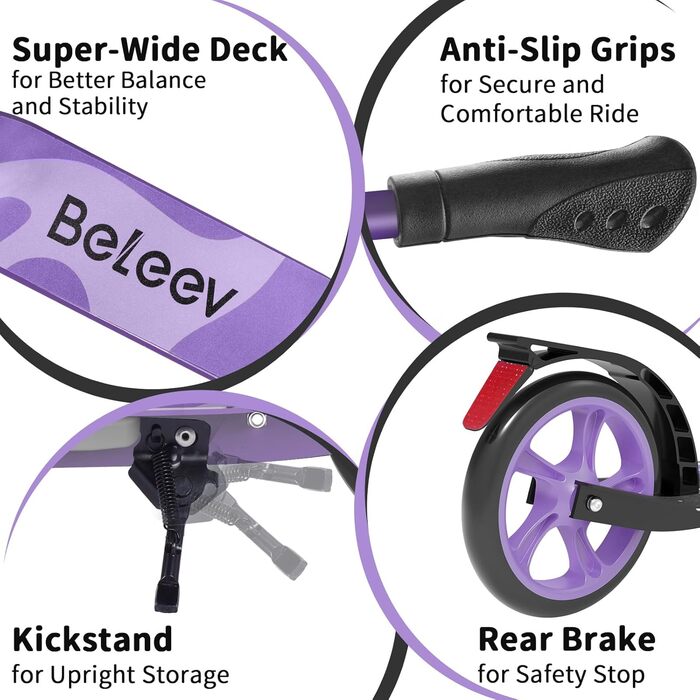 Дитячий самокат Beeliv Roller Kinder з великим колесом 230 мм, LED-підсвітка, регульована висота, ремінь, складаний, для дітей, підлітків, дорослих (фіолетовий)