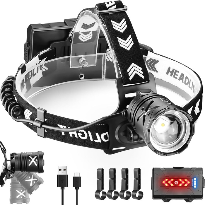 Ліхтар на голову LED акумуляторний, ліхтар червоного світла 15000 люмен з 4 режимами, водонепроникний, з регульованим фокусом та заднім світлом, 90° регульований, для бігу, кемпінгу, надзвичайних ситуацій