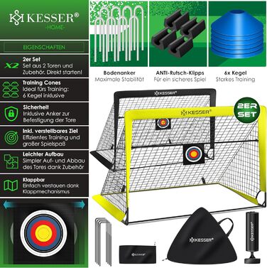 Дитячі футбольні ворота KESSER Pop-Up, 2 шт., складані, з фібергласовими стійками, сіткою, для вулиці та кімнати, з сумкою, 6 фішок, насосом, мішенню, жовті/чорні