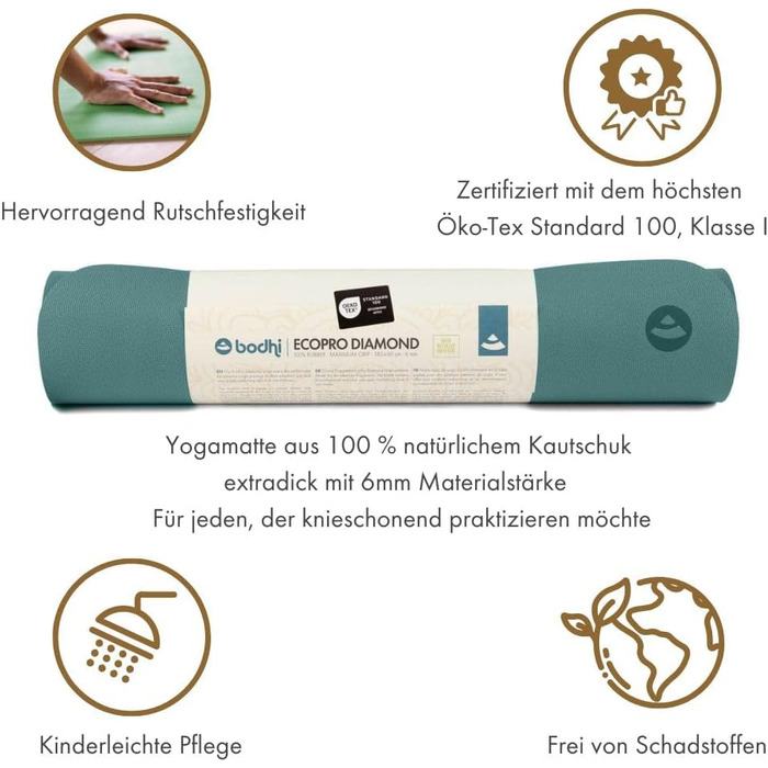 Йога-мат Bodhi ECO PRO DIAMOND, 100% натуральний каучук, ультра зчеплення, екологічний, професійний, для пілатесу, гімнастики, динамічного та хот-йоги, 185x60x0,6 см