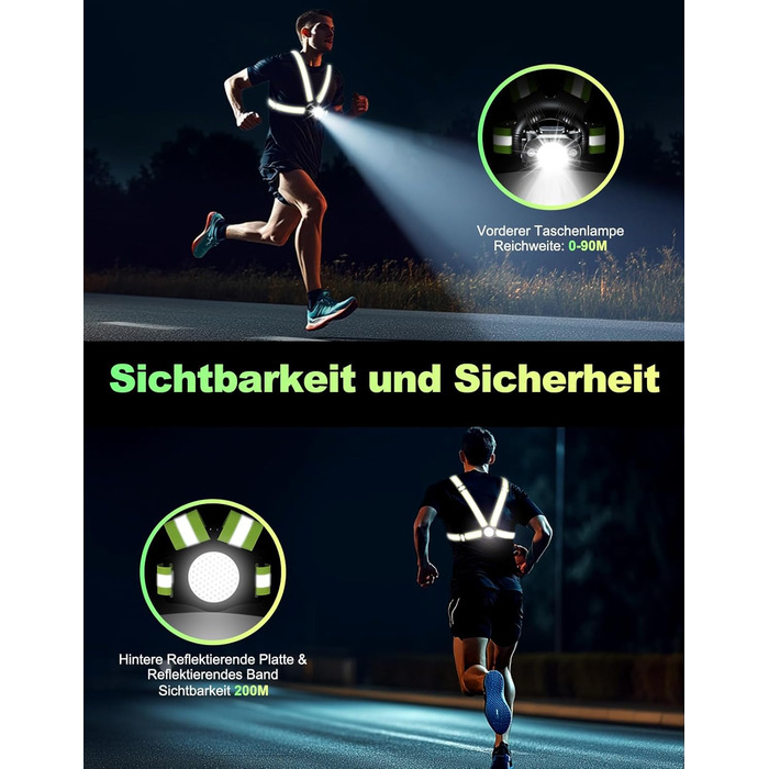 Фара для бігу Lauflampe Joggen: нагрудна ліхтар з регулюванням 45°, 500 люмен, 2 кольори, USB-C, IPX4, подвійний ремінь з відбивачами 360° для кемпінгу, велоспорту та активного відпочинку