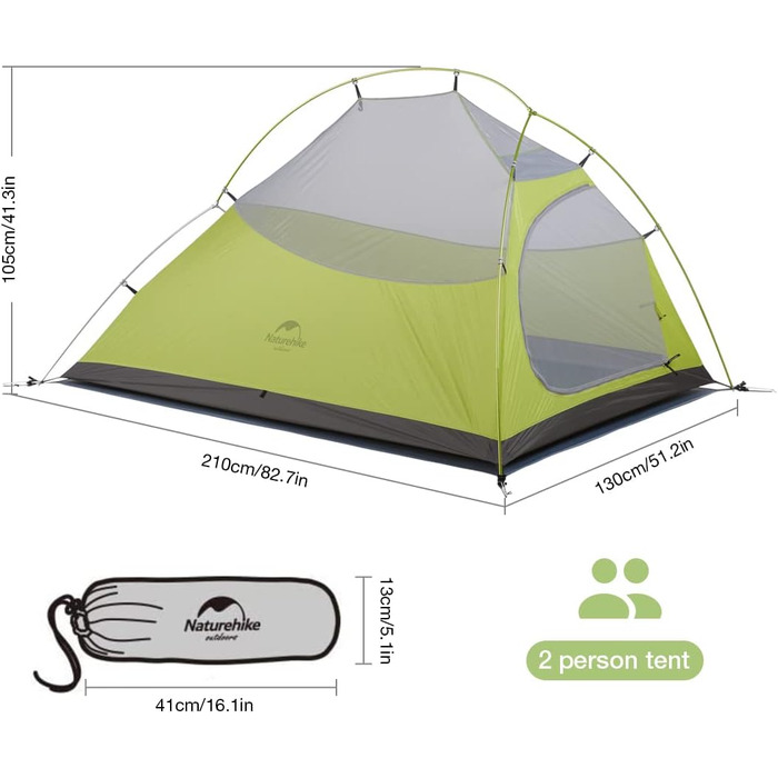 Намет Naturehike Cloud Up 2 - Ultraleicht, 2 особи, 3-4 сезон, водонепроникний, для кемпінгу та трекінгу (світло-зелений)