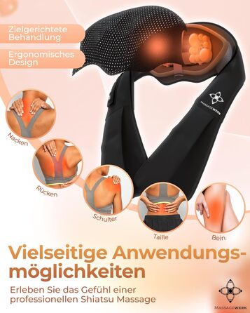 Масажер MASSAGEWERK Shiatsu для шиї та спини, електричний з функцією підігріву, чорний, для зняття м'язових болів та напруги, ергономічний