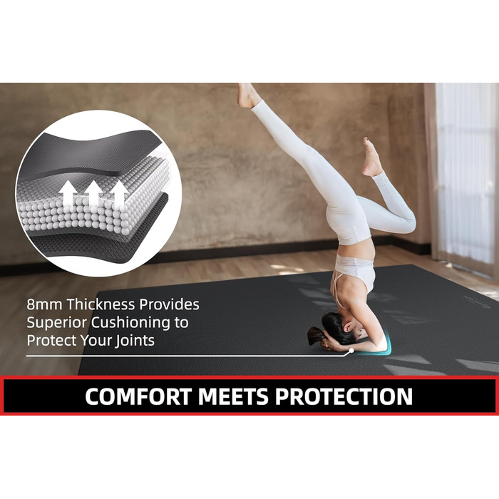 Фітнес-мат GymCope XXL, нековзкий, 183x122 см, 8 мм, PVC, чорний – килимок для йоги, пілатесу та гімнастики, зносостійкий, для спорту вдома та в залі