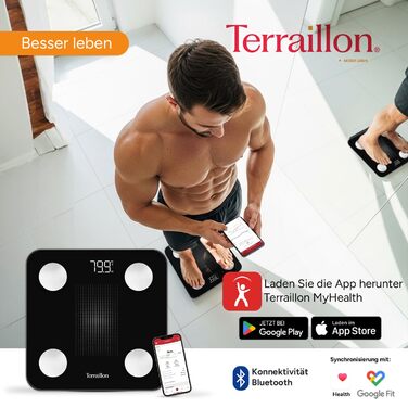 Інтелектуальна вага TERRAILLON WEIGHT CONNECT з Bluetooth, аналіз складу тіла (жир, м'язи, вода, кістки), BMI, ємність 180 кг, шкала 50 г, LED-дисплей, скляна платформа, чорний колір