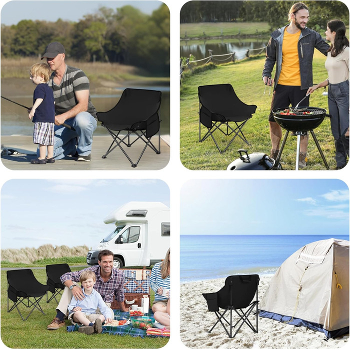 Крісло для кемпінгу складне з сумкою та неслизькими ніжками - туристичне, для риболовлі, пляжу, саду, балкону (чорне)