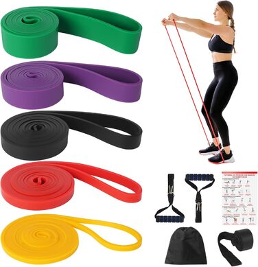 Набір еластичних стрічок для фітнесу з 5 рівнями опору, 2 ручками, 1 дверним анкером, сумкою для перенесення та інструкцією. Ідеально для йоги, силових тренувань чоловіків та жінок