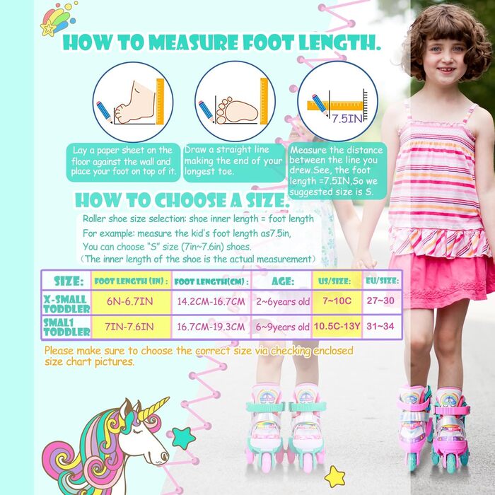 Дитячі ролики Kinder Einhorn для дівчаток, 3-6 років, з підсвічуванням, регульовані, 4 колеса, для початківців, XS (27-30), 3 колеса, райдужний колір