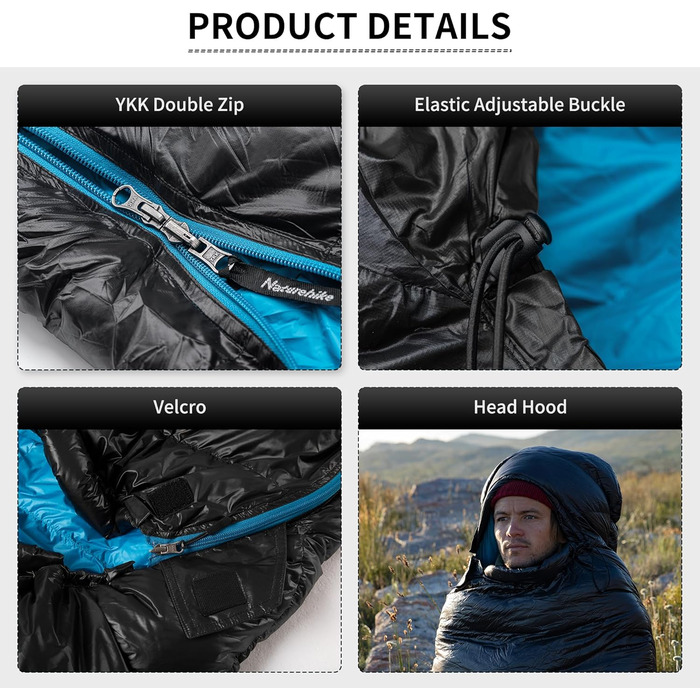 Сплячий мішок Naturehike 750FP, 4-сезонний, теплий зимовий, ультралегкий, компактний, з компресійним мішком для кемпінгу (CW700/Чорний/L)