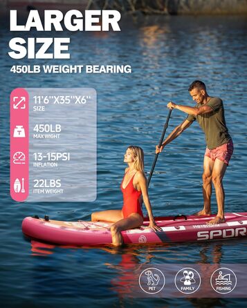 Надширока надувна SUP-дошка SPORIT для дорослих, ультрастабільна, вантажопідйомність 204 кг, з плечовим ременем, рюкзаком 100 л, знімним US-плавцем і плаваючим веслом