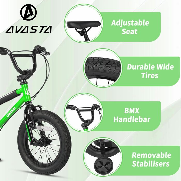 Дитячий велосипед AVASTA BMX 12/14/16 дюймів з додатковими колесами та підніжкою, для хлопчиків і дівчаток 1-8 років, різнокольоровий