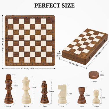 Шахи магнітні 2в1 - 39x39 см, складане шахове поле з дерева, преміум-якість, 32 фігури + 2 дами, для дорослих та дітей