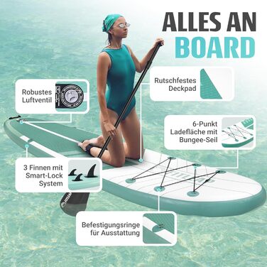 Надувний SUP Борд Fitleap Premium Stand Up Paddle Board - Комплект з насосом, веслом та рюкзаком. Ідеально для початківців та професіоналів, для йоги, серфінгу та водного спорту. (Зелений в смужку, 1 особа)